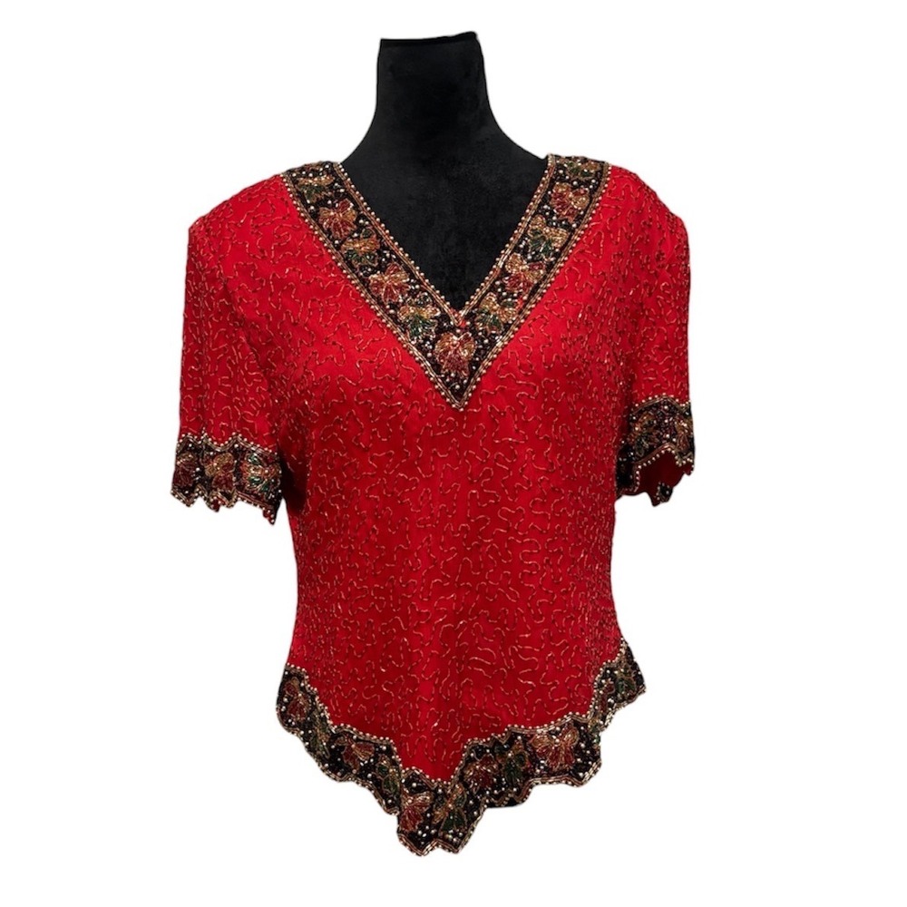 Laurence Kazar Beaded Silk Top Women XL Red Vintage Evening Blouse EUC